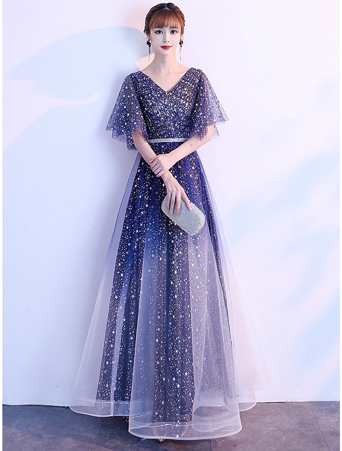 Wholesale  A-Line Ombre Prom Birthday Dress V Neck Short Sleeve Floor Length Tulle with Sash / Ribbon Crystals